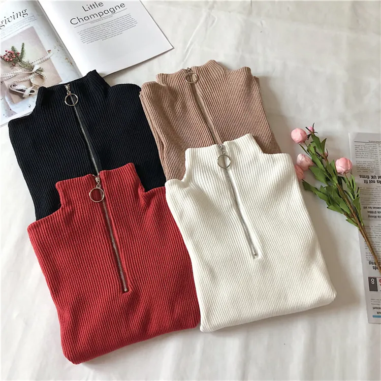 Women's Turtleneck Pullover Knitted Jumper High Neck Half Zipper Sweater