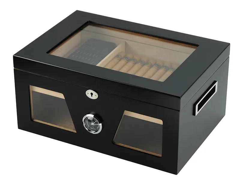 Hiện Đại Màu Đen Gỗ Tuyết Tùng Gỗ Cigar Humidor Box Đối Với Bao Bì Glass Top Để Hiển Thị