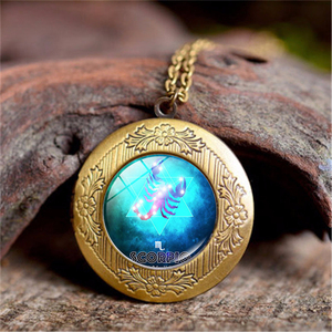 12 símbolo del zodiaco foto caja Locket colgante collar vintage oro cristal colorido acuario Piscis Escorpio signo Locket collar - Product Image 1