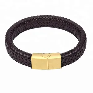 Punk hombres joyería Acero inoxidable Cierre magnético negro tejido pulsera de cuero