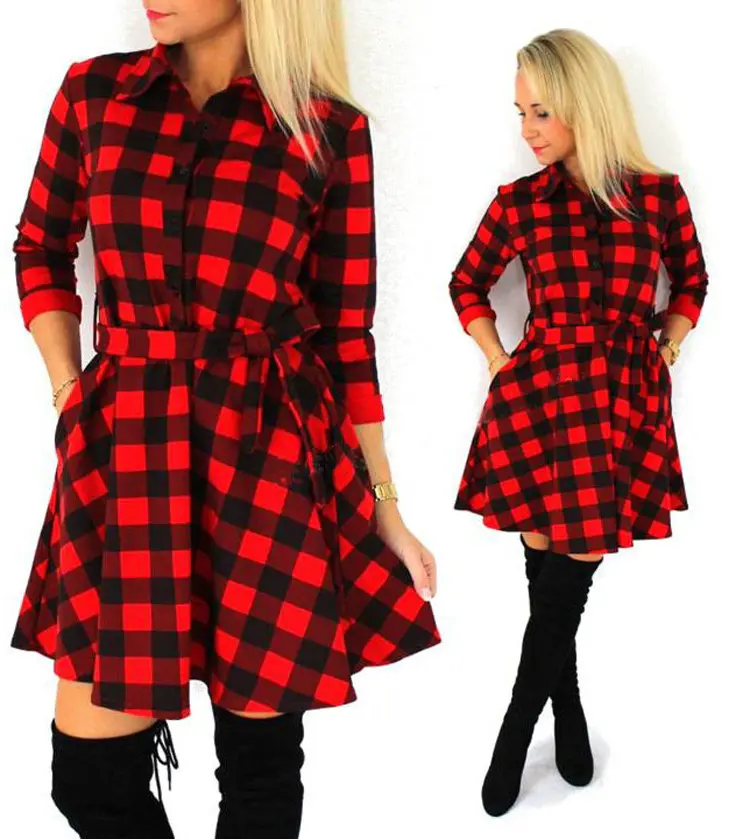 2017 Spring Casual Sexy Tantan Print Red and Black Women Plaid Flannel Shirt Dresses