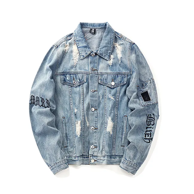 New Popular Hole Jeans Coat With Embroider Ripped Denim Jackets For Men