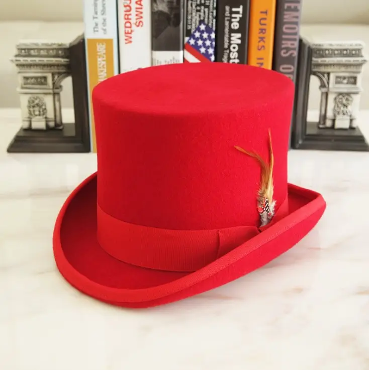 Wholesale Red Colour Party 100% Wool Felt High Top Hat with Feather