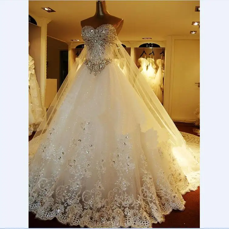 Wedding Dress Custom Made Brides Ball Gowns Hand Sewed Crystals Shiny Beading Long Tail White Ivory Wedding Vestidos XJ06