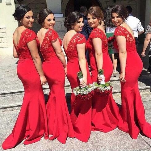 Morili Hot sale Wedding Guest Dress plus size Lace Appliqued Cheap Mermaid Maid Of Honor Red Bridesmaids Dresses MBA333