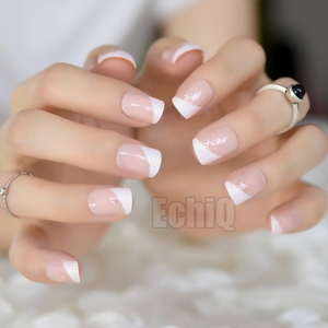 Nude blanco francés falsas uñas brillo decoración Squoval puntas de uñas de la cubierta completa de Ongle artificiales acrílico llevar las uñas