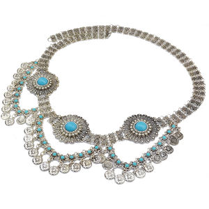 Corrente de Cintura Indiana em Liga Metálica com Pingente de Flor Grande de Strass e Pedras Preciosas, Corrente de Cintura Prateada - Product Image 3