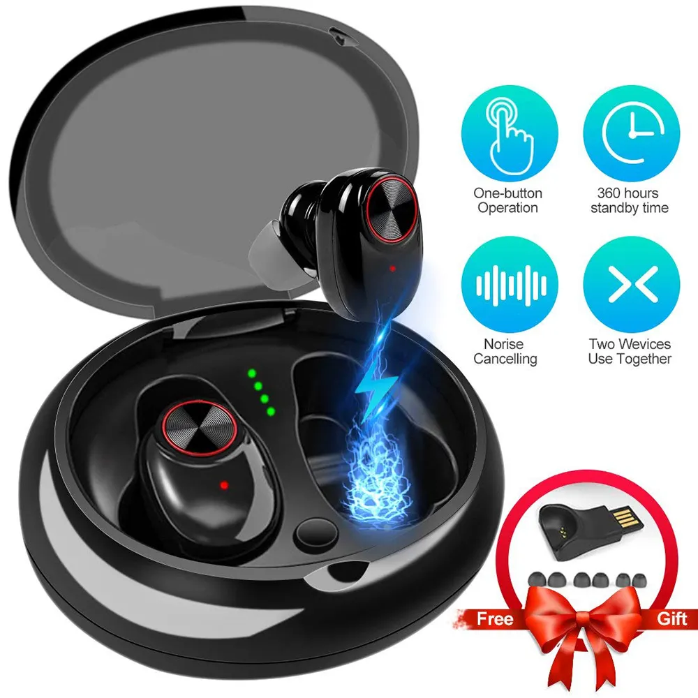 Headphone Tws True V5.0 + EDR, Earphone Nirkabel Penghilang Kebisingan untuk Iphone 11 Pro Max Headset Bluetooth dengan Casing Pengisi Daya