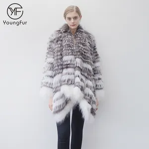 Abrigo de piel de mapache de zorro tejido con costura para mujer elegante de invierno