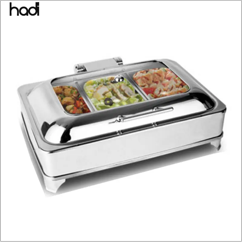 Ả Rập Thiết Bị Nhà Hàng Thương Mại Chafing Món Ăn Phục Vụ Thực Phẩm Ấm Hơn Bain Marie Buffet Với Glass Cover