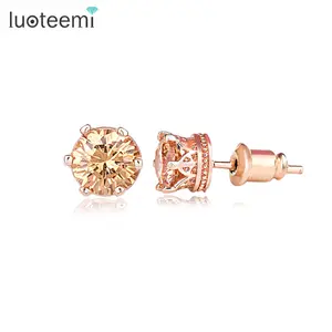 LUOTEEMI Wholesale Gemstone Elegant Engagement Wedding Jewelry Women Rose Gold Plated Design Round Black CZ Stud Earrings