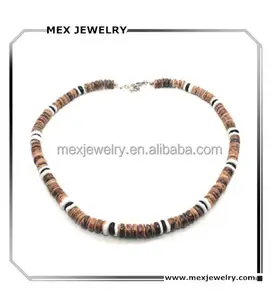 Tiger Brown Coconut Bead Hawaiian Surfer Necklace with White Puka Shell and Black Coco Beads
