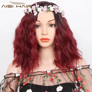 Aisi Rambut Cosplay Sintetis Hitam Merah Ombre Two Tone Wig untuk Wanita Pendek Bergelombang Gaya Rambut Sisi Bagian Wig