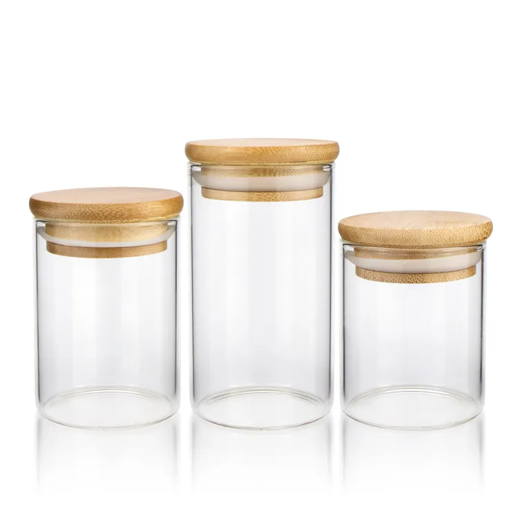 Keuken 14Oz Borosilicate Air Strakke Vacuüm Cookies Voedsel Thee Glas Opslag Containers Potten Met Air Strakke Bamboe Deksel