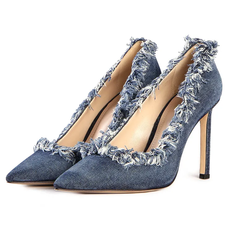 Summer new design trend luxury comfortable frayed denim 10cm high heel pointed toe women pumps shoes
