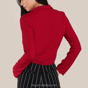 <span class=keywords><strong>Manga</strong></span> <span class=keywords><strong>larga</strong></span> frente nudo hundiendo solapa <span class=keywords><strong>crop</strong></span> <span class=keywords><strong>top</strong></span> blusa - Product Image 3