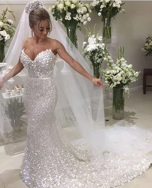 Bling pullu Mermaid gelinlik Vestido novia sevgiliye aç geri şapel tren gelin kıyafeti marka korkuyor stil düğün elbisesi