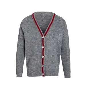 Wholesale Custom School Uniform Embroidery Logo Classic V-neck Trim Cardigan Sweaters Unisex School Cardigan