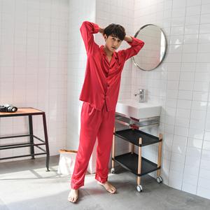 Maschio casa di abbigliamento allentato indumenti da notte degli uomini classico Raso di seta Pigiama Lungo Button-Down Pj Set Indumenti Da Notte Loungewear - Product Image 5
