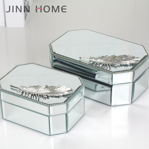 Hexagon Shaped Mirror Glitter Glass Jewelry Box With Silver Metal Feather Decorative Necklace <strong>Ear</strong> <strong>Ring</strong> <strong>Storage</strong> Use - Product Image 4