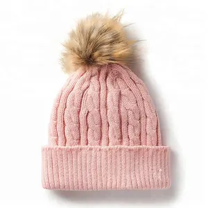 女士马尾辫冬季帽子女性空白粉红色 Pom Pom 豆豆