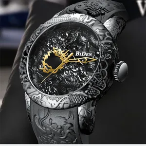 BIDEN 0129 1 Baru Fashion 3D Patung Naga Jam Tangan Pria Kuarsa Merek Gold Watch Pria Relief Jam Kreatif