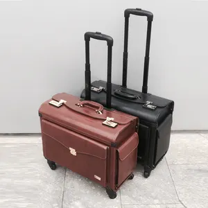Factory wholesale 16"/18"/19" four wheel pilot suitcase trolley suitcase PU leather travel luggage