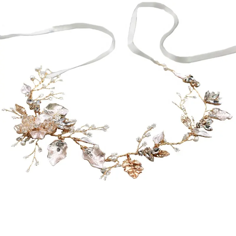 Ruban blanc en cristal perles, fleurs, bandeau en feuilles plaqué or, accessoires de bijoux pour mariage