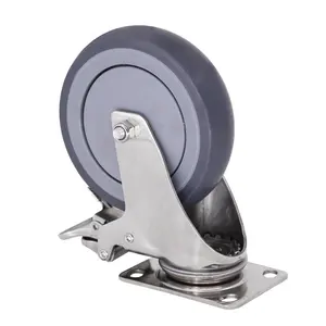 High Quality 304 Stainless Steel Plate Swivel TPR Casters Wheel with Total Lock Brake