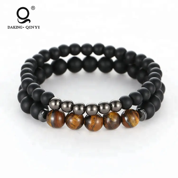 Fashion 2PCS Black Matte Onyx Natural Stone Hematite Beads Prayer Bracelet for Men Women Elastic Yoga