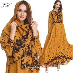 2019 mais recente Projeto Kaftan Abaya Jilbab Roupa Islâmica Floral Dot Impresso Manga Comprida Vintage Vestido Maxi Muçulmano com Hijab