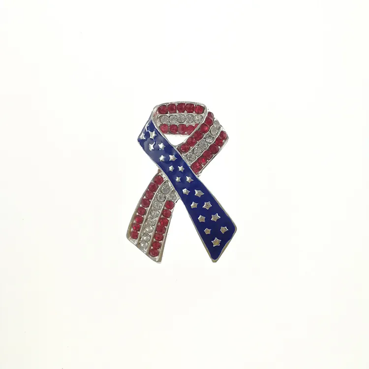 도매 모조 다이아몬드 유방암 인식 리본 미국 애국 국기 보석 브로치 핀