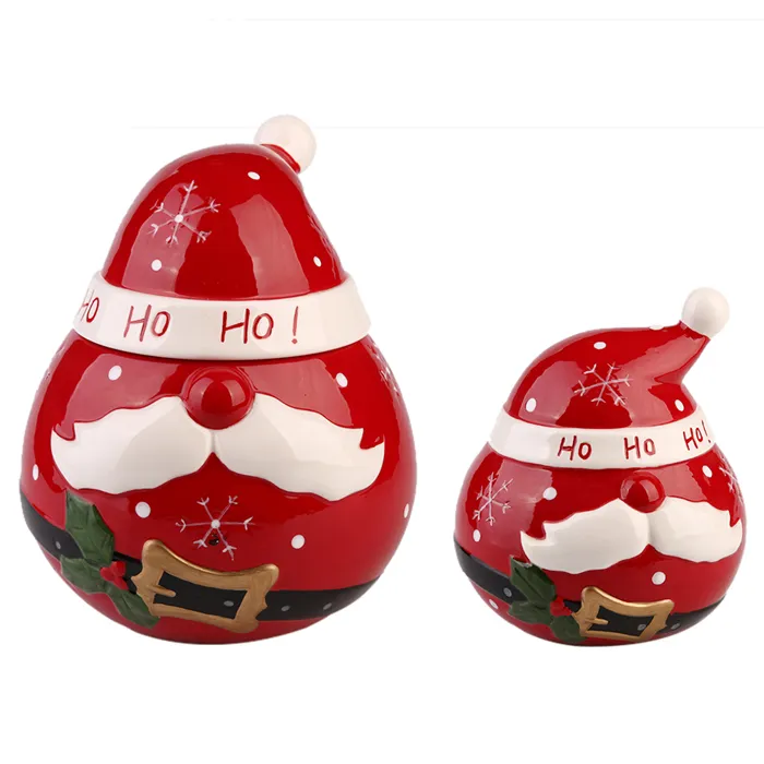 Santa claus shape red round ceramic christmas cookie jar