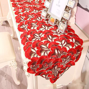 Factory Wholesale Red Cutwork Embroidered Wedding Disposable Polyester/Cotton Table <strong>Runner</strong> Decorate <strong>Tablecloth</strong> - Product Image 3