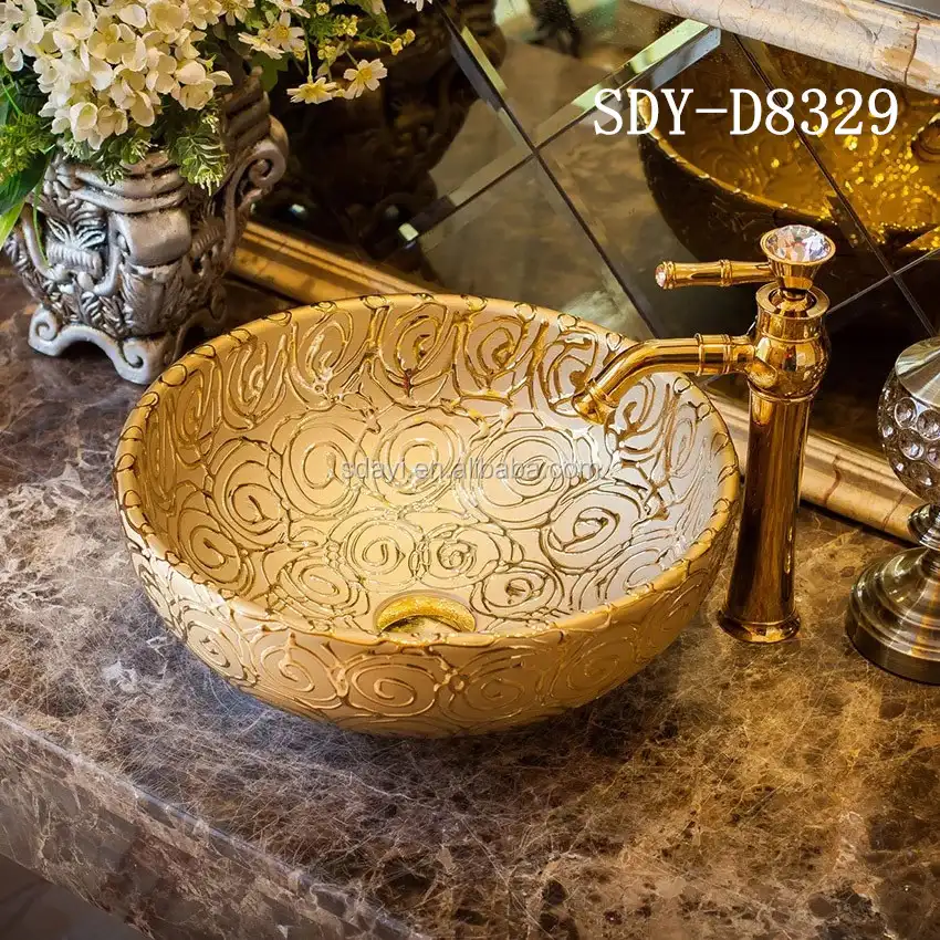 Lavabo en céramique de couleur dorée, vasque fait à la main, évier en or