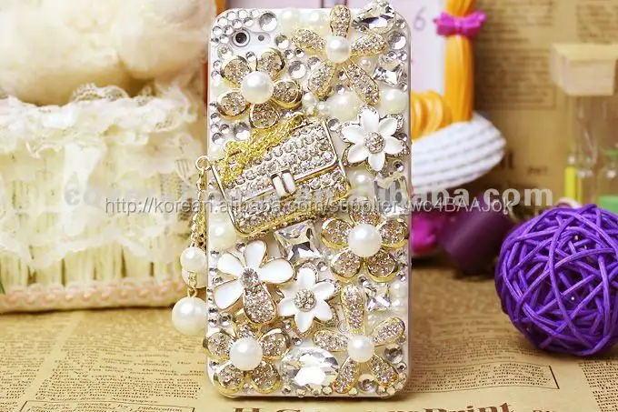 iPhone를 위한 호화스러운 수정같은 bling 다이아몬드 bandbag&flower 케이스 4 4S