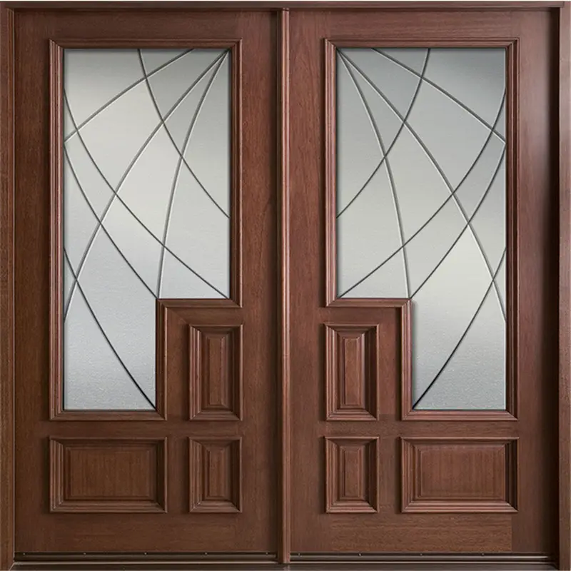 Luxury double entrance wooden door with art glass for hall new design