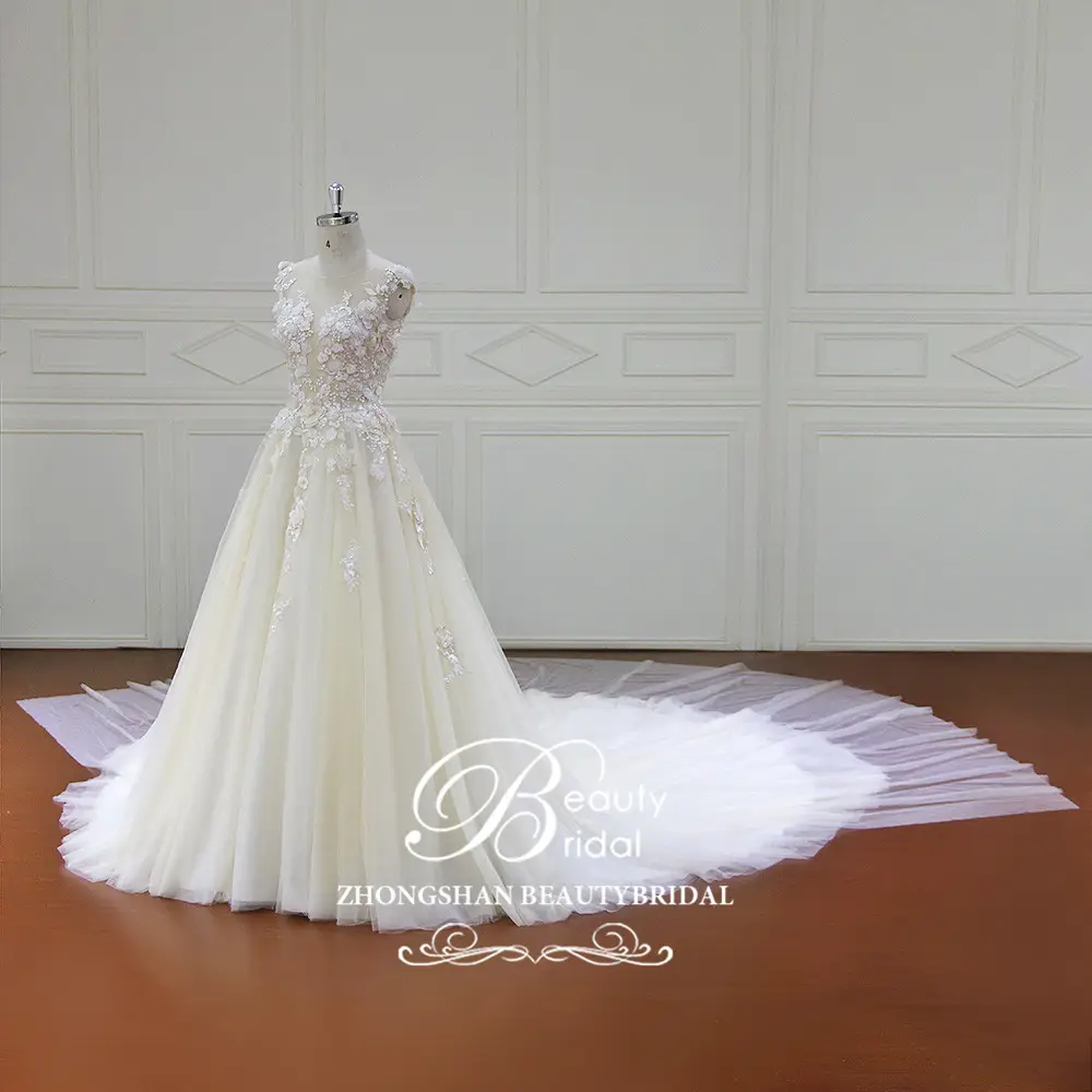 XF17056 नई फैशन एक लाइन आकार लक्जरी ब्राइडल गाउन के साथ शादी की पोशाक के रियल तस्वीरें हटाने योग्य शाल