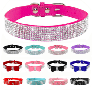 <span class=keywords><strong>Collar</strong></span> de gatito con lazo para mascotas brillante estilo más vendido <span class=keywords><strong>Collar</strong></span> de perro de cuero PU con diamantes de imitación de cristal ostentosos ajustable