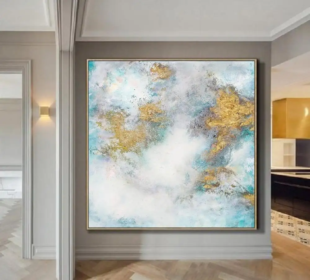 壁の装飾のためのキャンバス上の高速配信大きな白と青の雲抽象的なゴールドアート油絵
