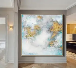 Snelle Levering Grote White & Blue Cloud Abstract Gouden Kunst Olieverf Op Canvas voor Wanddecoratie