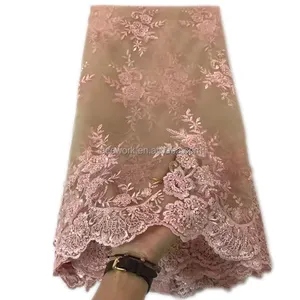 New arrival pink tulle embroidery french lace fabric wholesale for bridal wedding dress