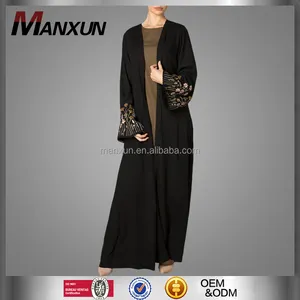 Muslim Supplier Flared Embroidered Sleeves Women Kimono & Cardigan Wear Islamic Lady Front Open Maxi Dress Abaya Clothing