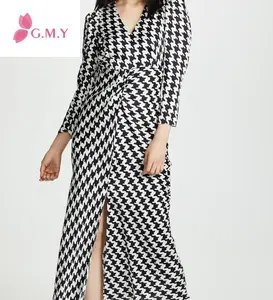 Office Lady Độc Đáo In Đen Trắng Bên Khe Phía Trước Thu Thập Chi Tiết Trở Lại Ẩn Zip Dài Tay Áo V Cổ Maxi Dress