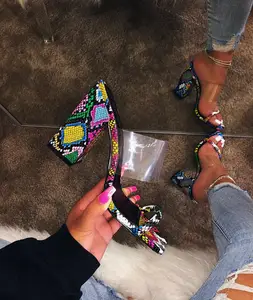SD-047 2019 सुंदर फैशन देवियों रंगीन साँप त्वचा प्रिंट सैंडल ऊँची एड़ी के जूते के साथ पारदर्शी पट्टा महिलाओं जूता उच्च ऊँची एड़ी के जूते