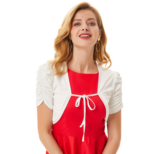 Bolero Corto Plisado Color Marfil para Mujer <span class=keywords><strong>BP</strong></span>, con Mangas Cortas, Espalda Transparente de Encaje y Lazada Delantera BP000705-2 - Product Image 1