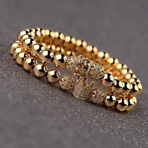 Роскошные мужские ювелирные изделия для рук 8 мм, эластичный медный браслет с настоящим золотым покрытием, микро-ПАВЕ, CZ King Crown, амулетный браслет