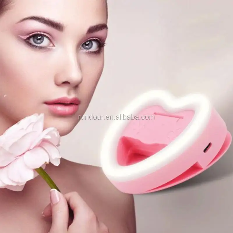 wholesale Universal Selfie Phone Ring Light usb Rechargeable LED Night Selfie Flash Light Heart Shape Clip on Phone Stand with M