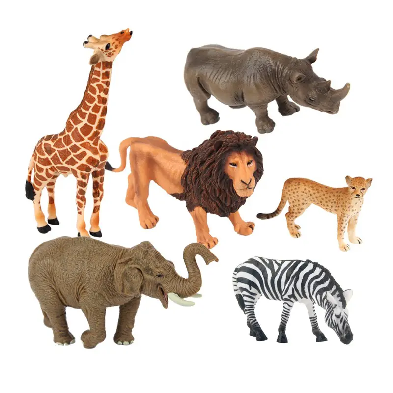 Gajah Zebra Badak Jerapah Singa Cheetah Set Mainan Hewan Plastik Hewan untuk Anak-anak Bermain