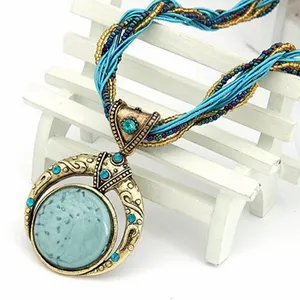 Braided Bohemian Handmade Necklace Jewelry Antique Horn Round Gemstone Women Seedbead Necklace